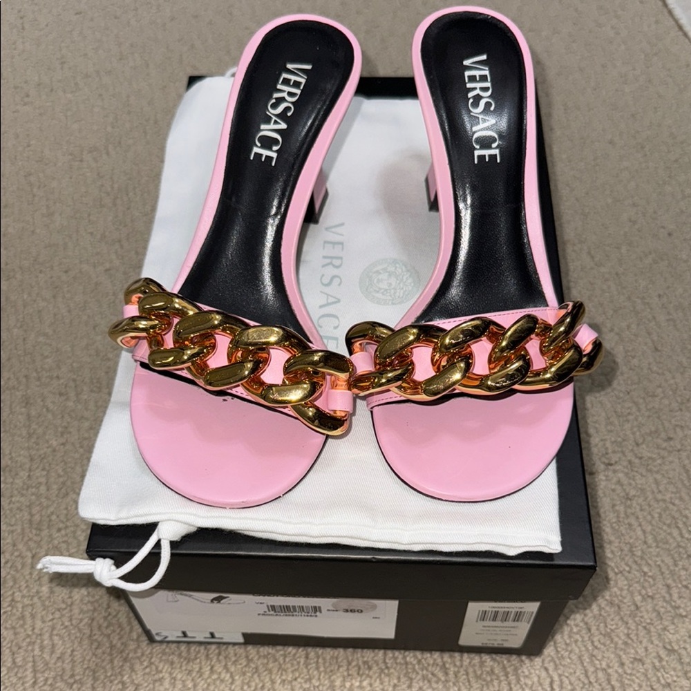 Versace Pink and Gold Sandals with Chunky Chain Design